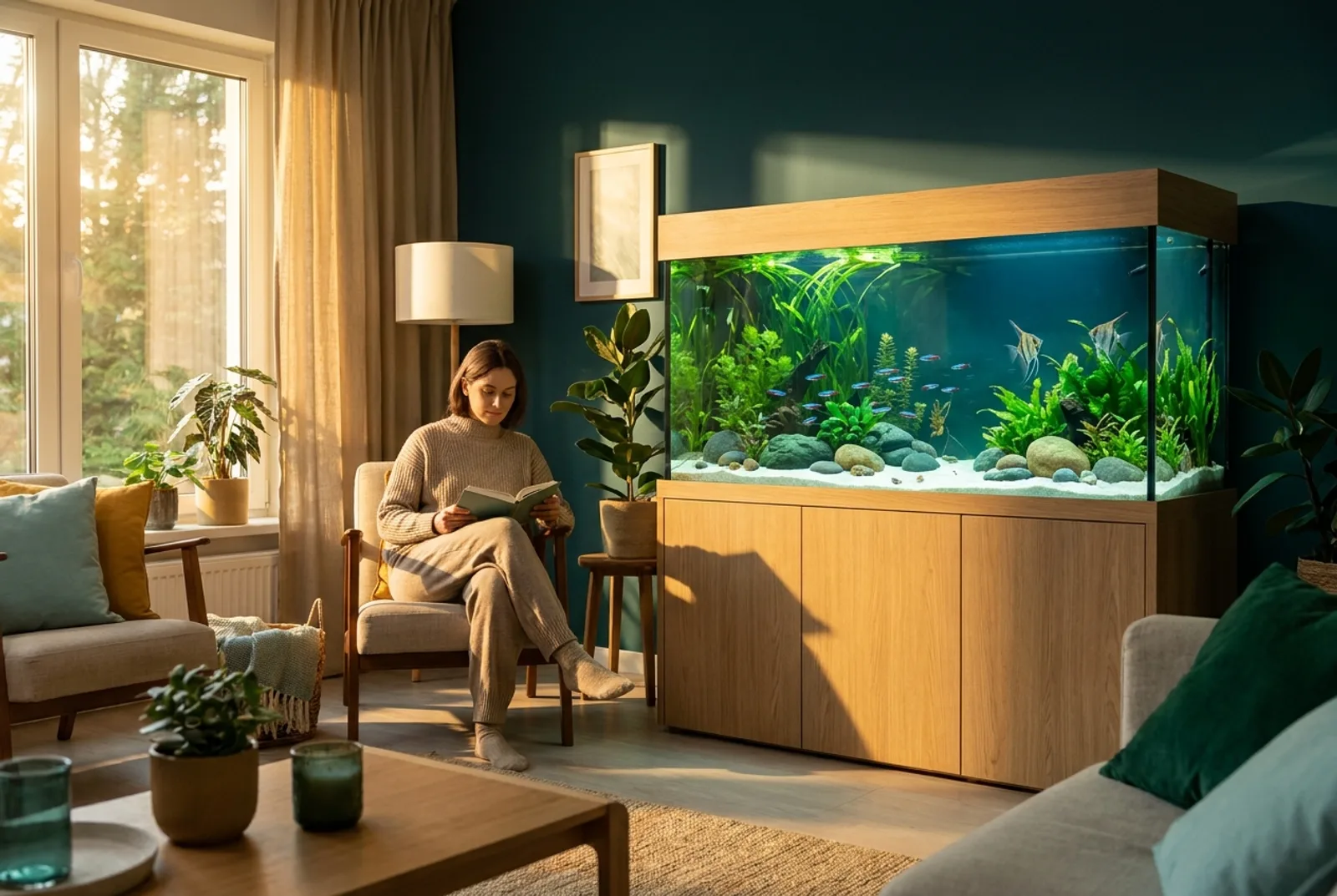 A living room with a glowing planted aquarium as its centerpiece